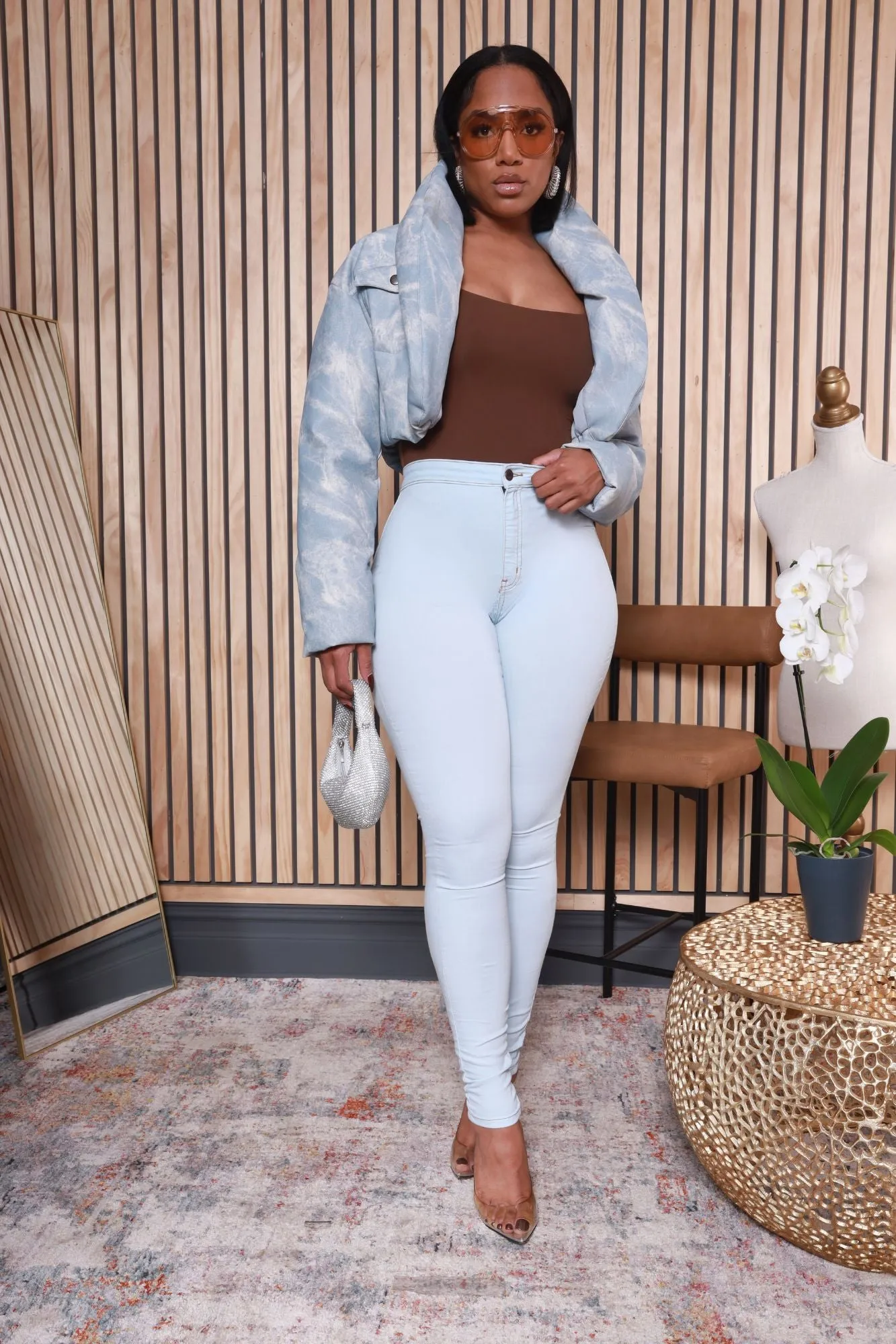 Glow Up High Rise Gold Stitch Skinny Jeans - Light Wash