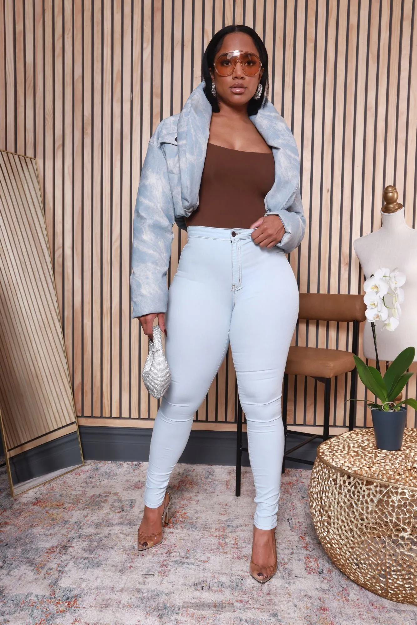 Glow Up High Rise Gold Stitch Skinny Jeans - Light Wash
