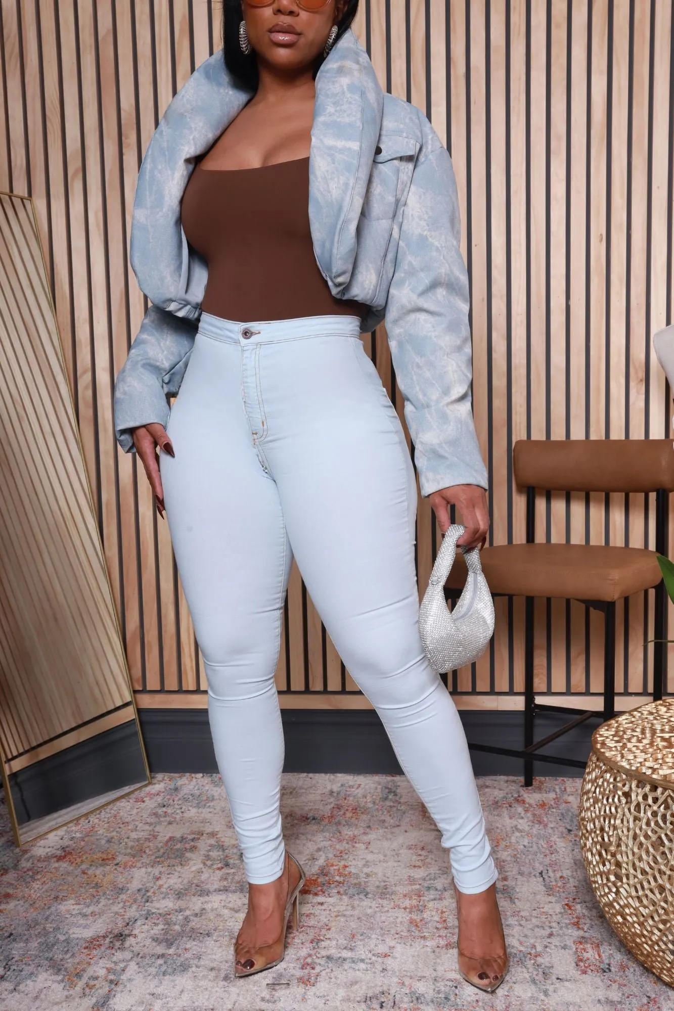 Glow Up High Rise Gold Stitch Skinny Jeans - Light Wash