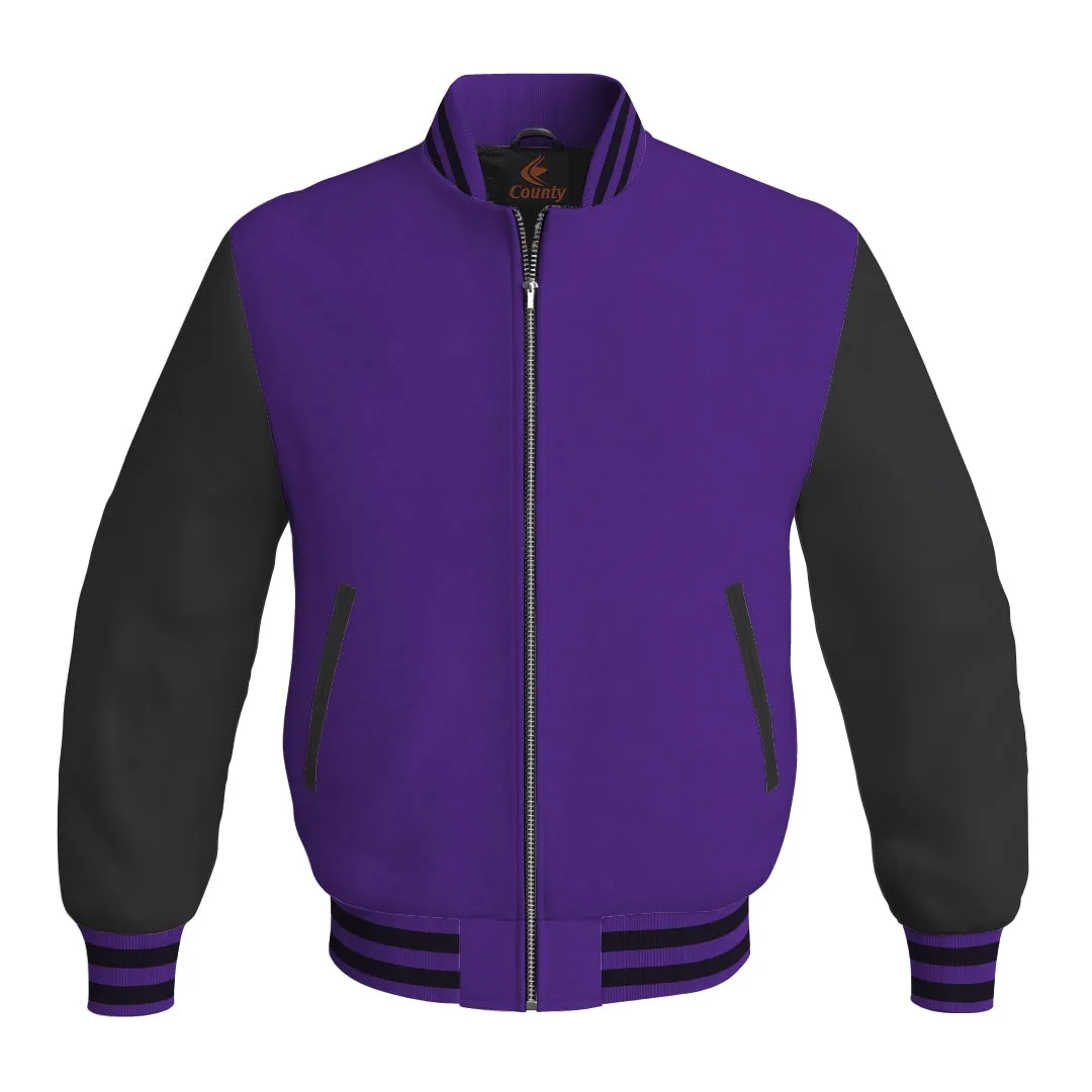 Ladies Varsity Jacket Purple Body and Black Leather Sleeves Bomber Jacket