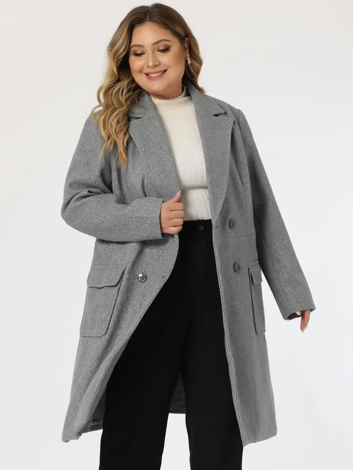 Plus Size Modern Beige Double Breasted Long Sleeve Trench Coat