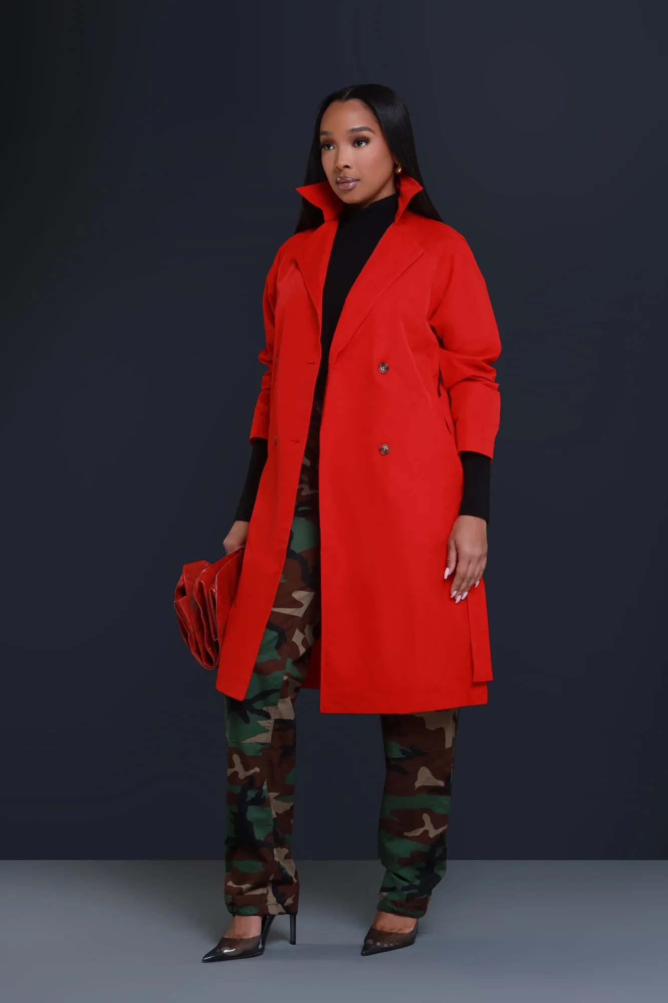 Save The Date Belted Trench Coat - Red