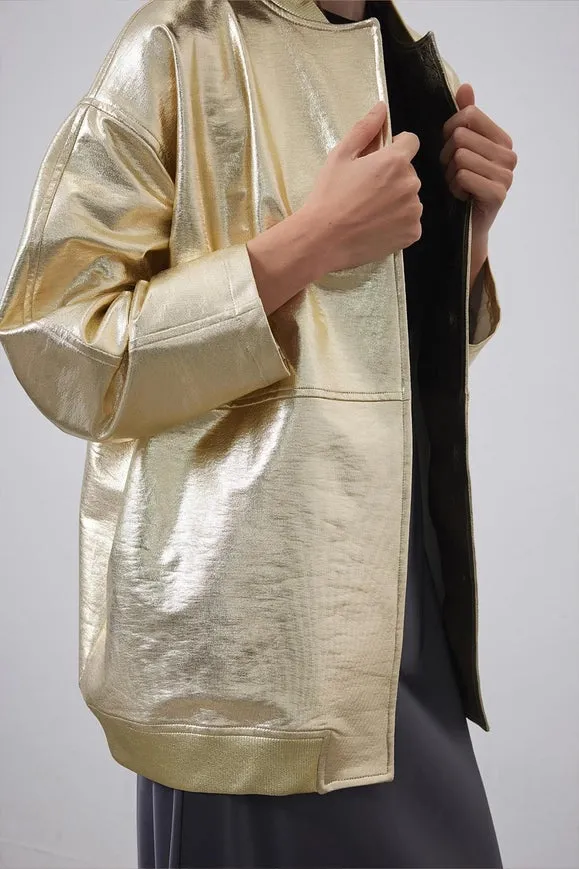 Shiny Coated Bomber Jacket Gold