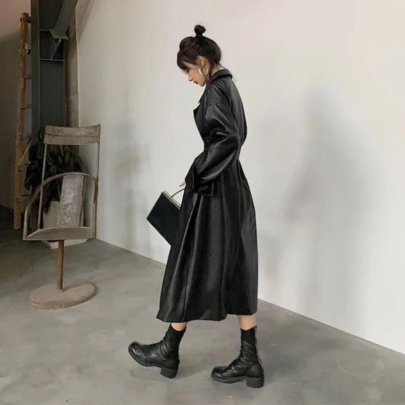 Stylish Long Oversized Faux Leather Trench Coat