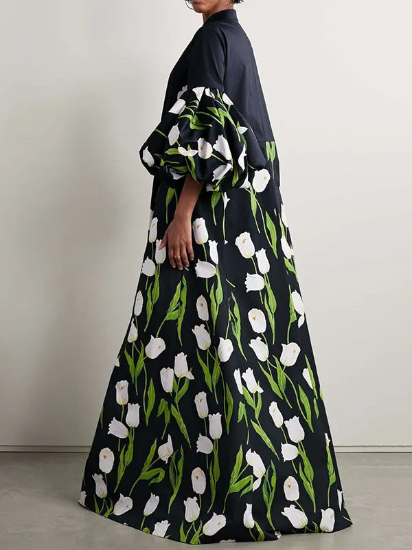 Wenkouban-Christmas Thanksgiving Long Sleeves Loose Floral Floral Printed Pleated Split-Joint Stand Collar Trench Coats