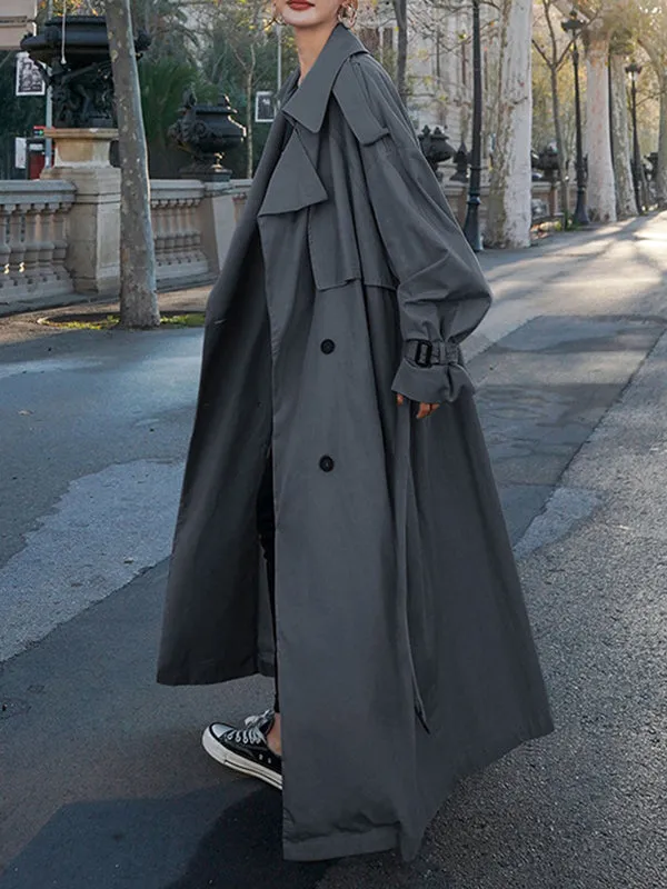 xakxx Long Sleeves Loose Buckle Buttoned Split-Back Tied Waist Lapel Outerwear Trench Coats
